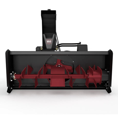 Virnig skid-steer hydraulic two-stage snow blower attachment with black housing and red auger blades