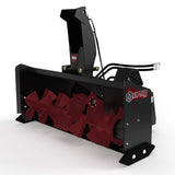 Virnig Skid Steer Hydraulic Two-Stage Snow Blower attachment with black housing and red auger blades