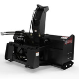 Virnig skid steer hydraulic two-stage snow blower attachment in black with exposed hoses