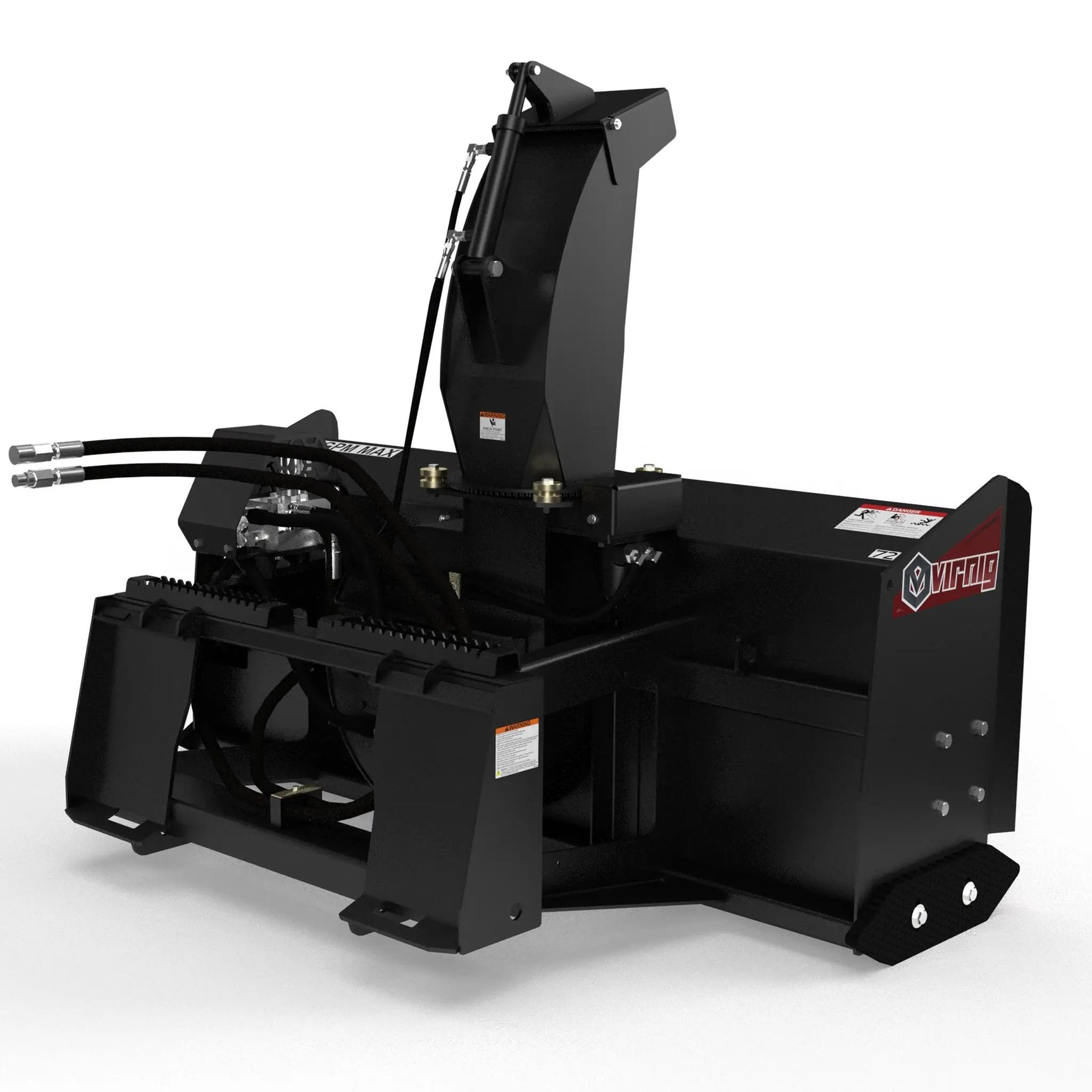 Virnig skid steer hydraulic two-stage snow blower attachment in black with exposed hoses