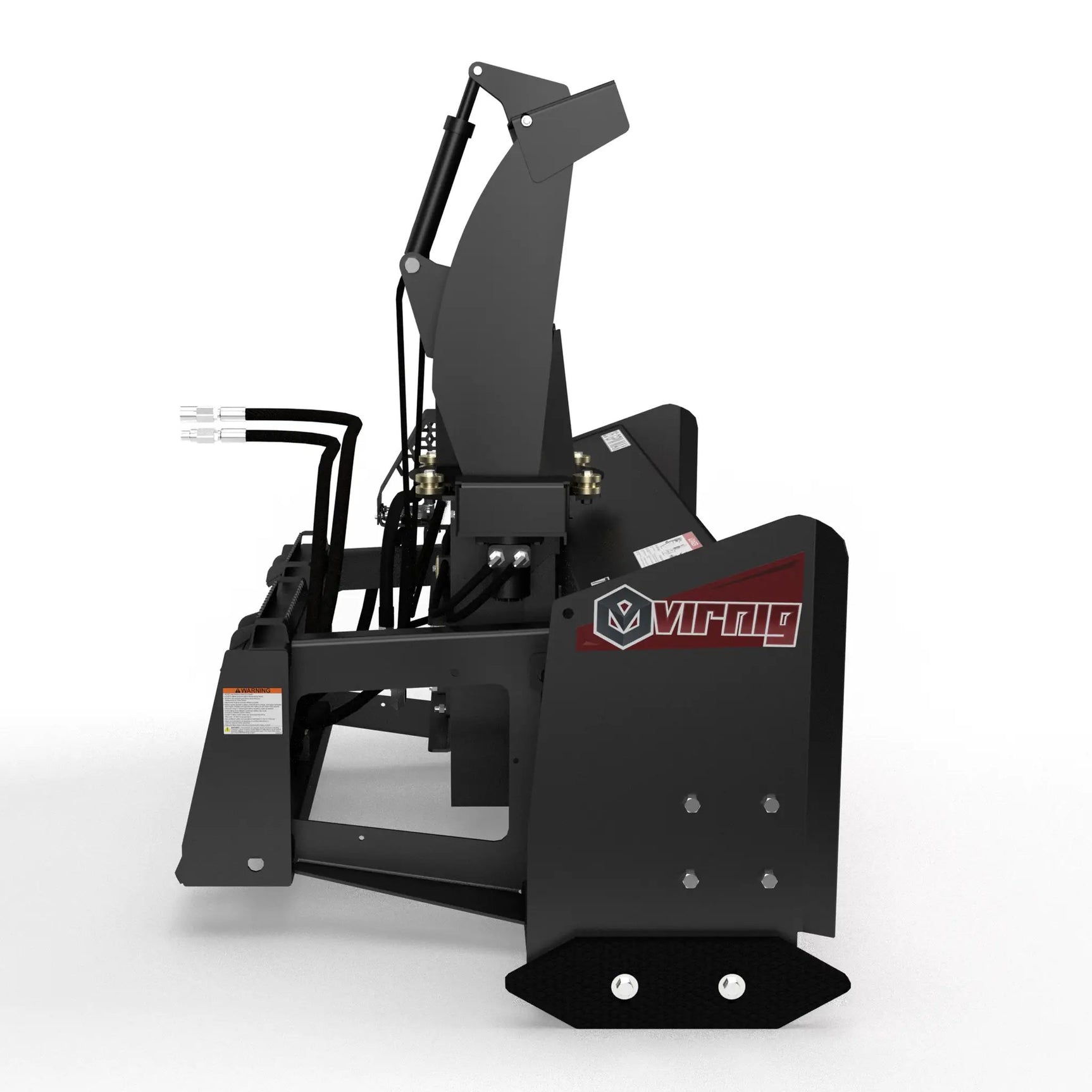 Skid steer hydraulic two-stage snow blower attachment by Virnig with black housing and Virnig logo.