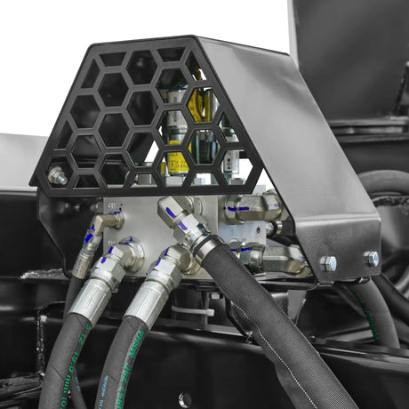 Virnig skid steer hydraulic two-stage snow blower attachment with gray metal frame and hexagonal guard