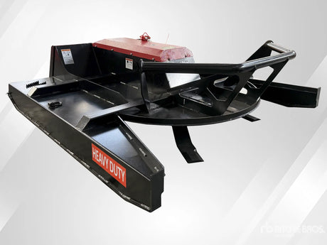 Raytree 72 Inch heavy duty skid steer brush cutter attachment, black steel with red top housing.