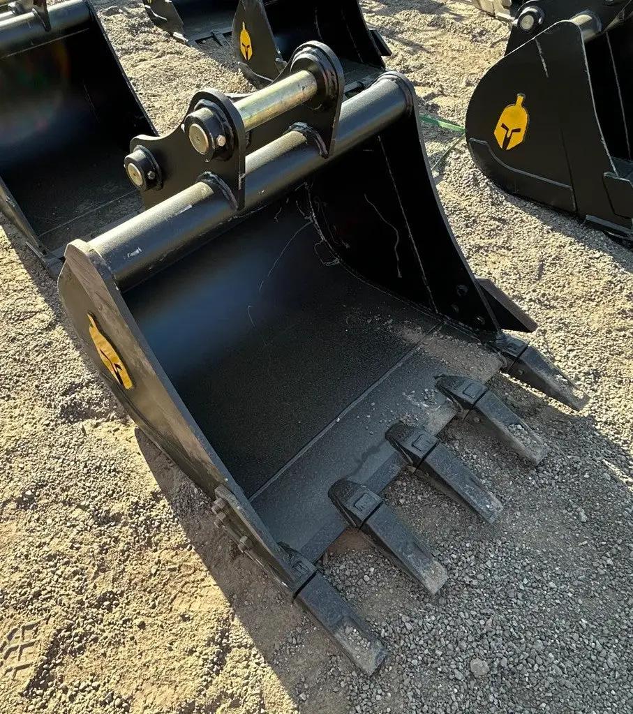 Trojan 36-inch digging bucket for CAT 307/308 excavator; black steel bucket with teeth.