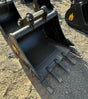 Trojan 36-inch digging bucket for CAT 307/308 excavator; black steel bucket with teeth.