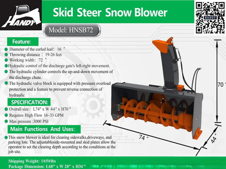 Skid Steer Snow Blower attachment by Handy, model HNSB72 with orange discharge chute.