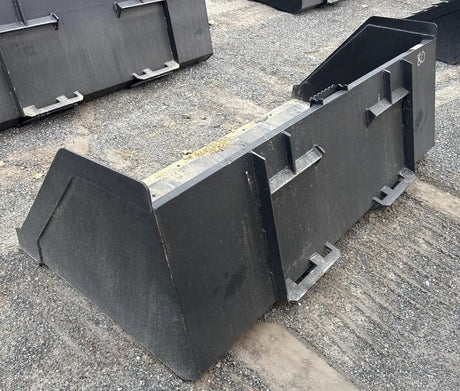 Skid steer snow bucket, black, 80-inch high-capacity universal attachment; several buckets visible