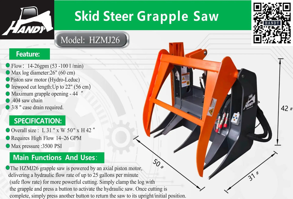 Handy 26in Grapple Saw Attachment for Skid Steer, orange frame