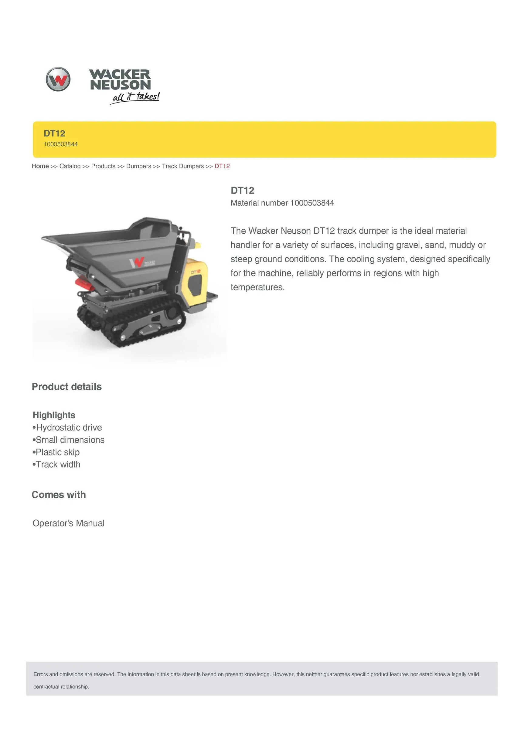2026 WACKER NEUSON DT12P POLY SWIVEL TRACK DUMPER CONCRETE BUGGY by Wacker Neuson
