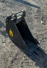 Trojan 12in excavator bucket attachment; black steel with yellow logo for 5-ton machines