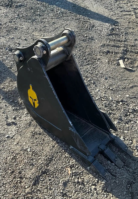 Trojan 12in excavator bucket attachment; black steel with yellow logo for 5-ton machines