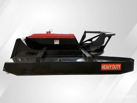 Skid steer brush cutter attachment, 72 inch, heavy duty, black with red top cover.