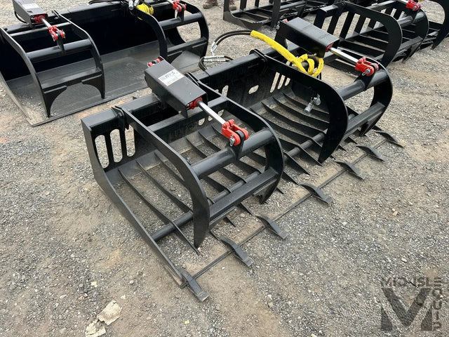 All-Star 72-Inch skid steer grapple bucket with teeth, set of 3 by Mid-Isle Equipment, black steel.
