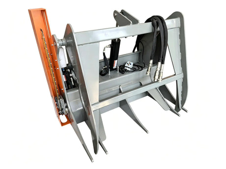 Handy 26-inch Grapple Saw Attachment for Skid Steer, gray steel frame with orange blade guard and hydraulic hoses