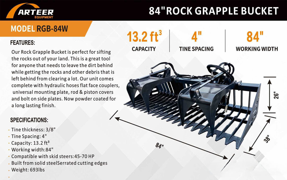 ARTEER 84" ROCK GRAPPLE BUCKET FOR SKID STEER